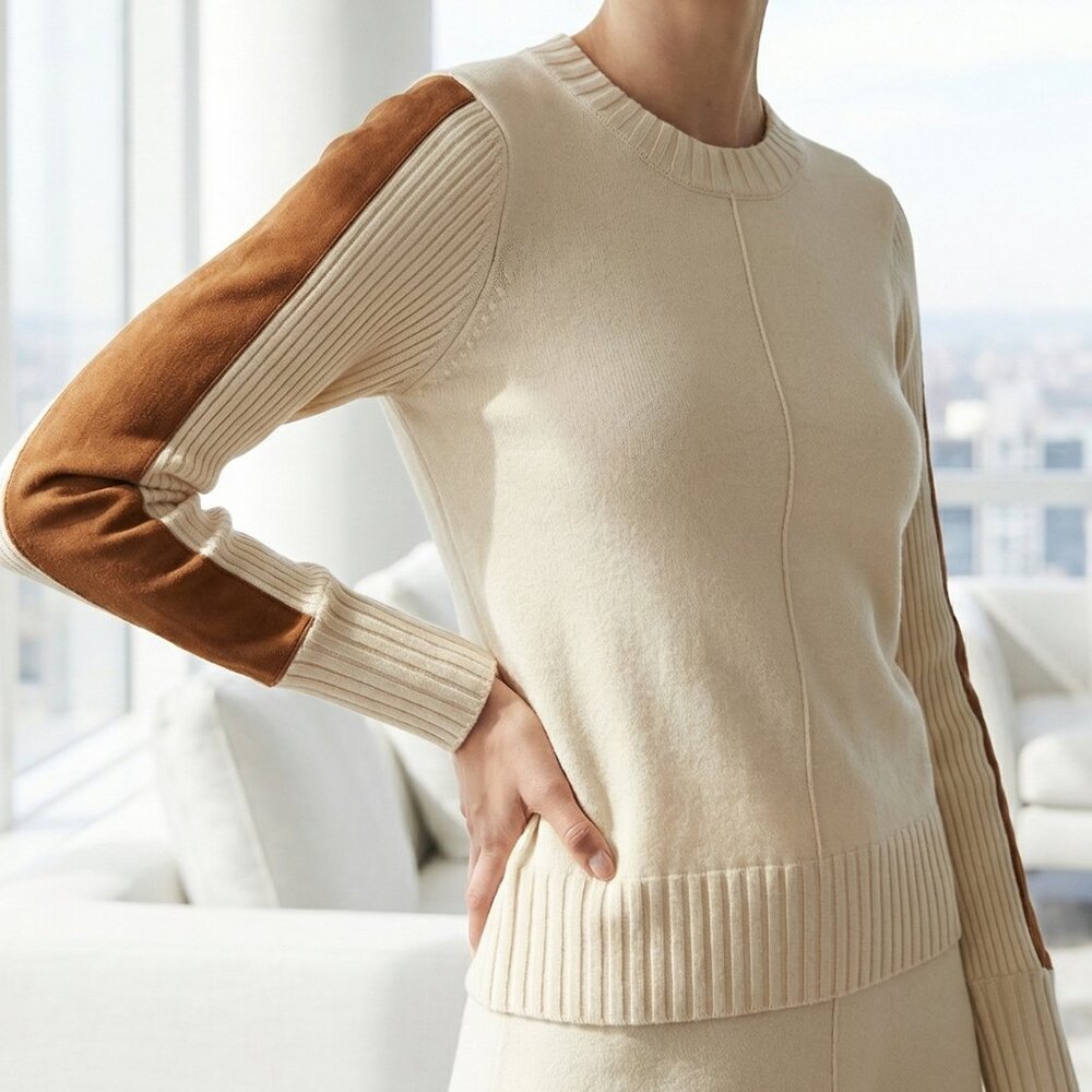 NWT $108 REVOLVE Central Park West cream sweater with Suede stripe down arms XS